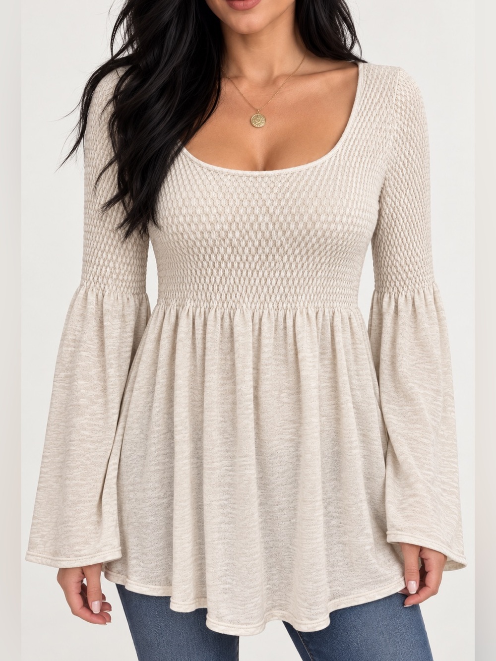 Anthropologie Knitted & Knotted Cream Textured Knit Long Sleeve Peplum Top